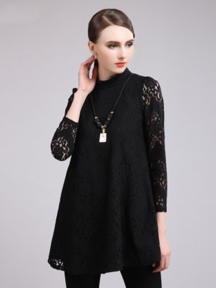 Áo váy ren họa tiết cổ trụ đẹp TA571 (Màu đen)