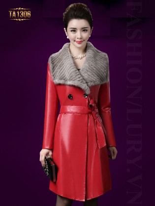 Áo khoác da trơn dài 2 cúc cổ lông thời trang TA1306 (Màu đỏ)